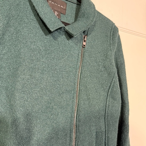 Tahari Moto Sweater Jacket Boiled Wool Green Size Large Textured Pockets - Picture 3 of 11